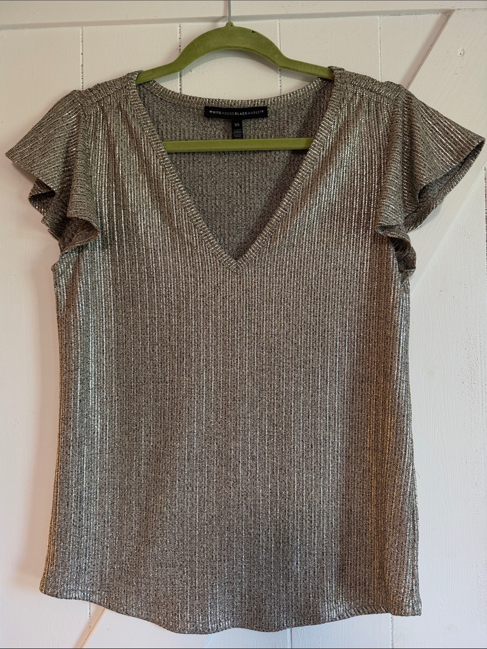 White House Black Market Metallic Silver V-Neck Flutter Sleeve Top